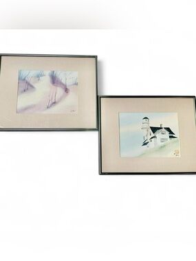 VTG Pair 2, Poon Tai Framed Seascape Art Watercolor, Framed 14x11” Stamp Signed